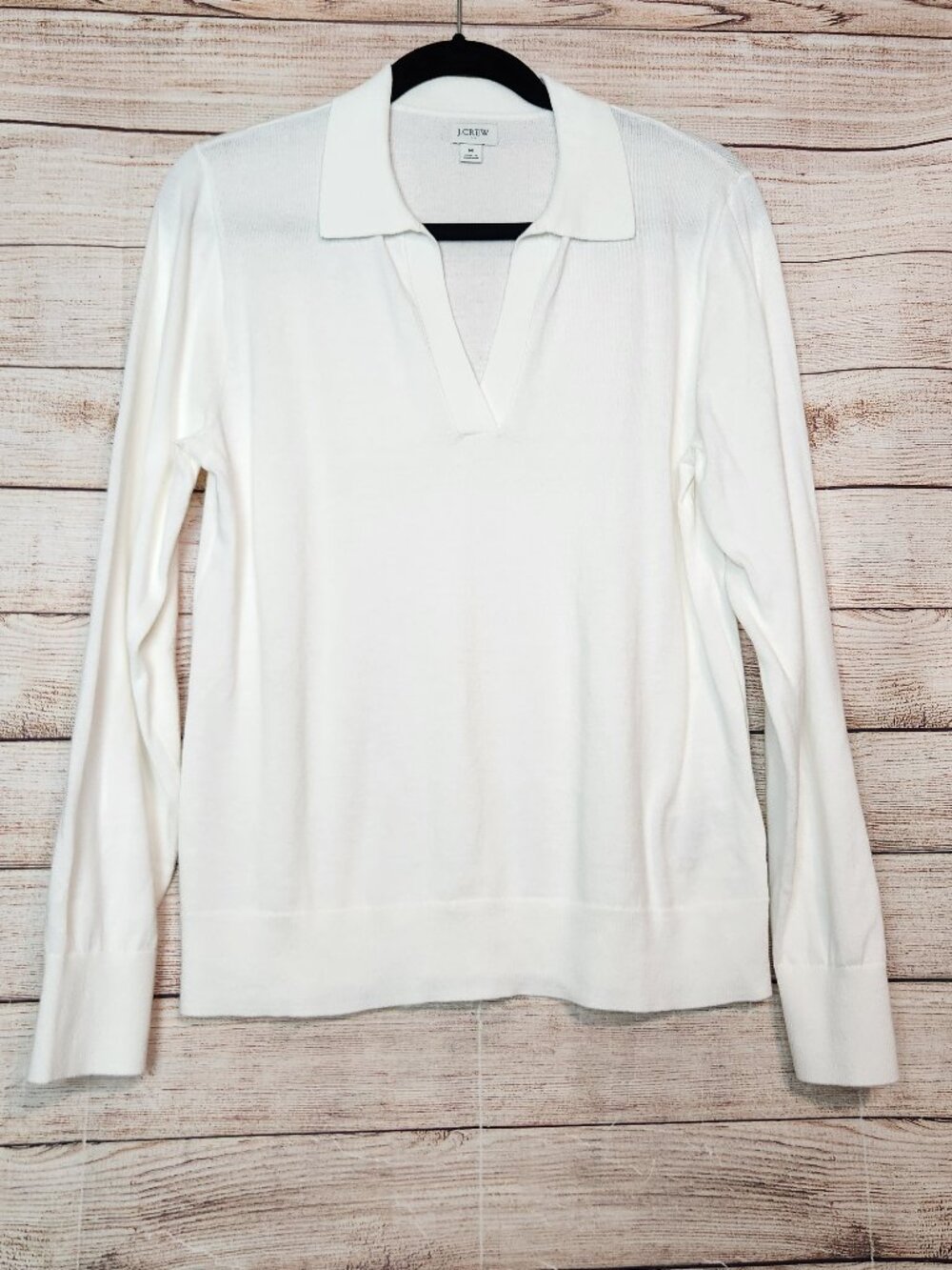 J Crew Ivory Ribbed Cotton Polo Sweater Women's M Johnny Collar V-Neck